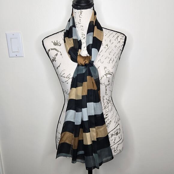 NWT Sheer Colorblock Rectangle Scarf Grey, Black, Beige & Tan Made in Italy - Picture 1 of 6